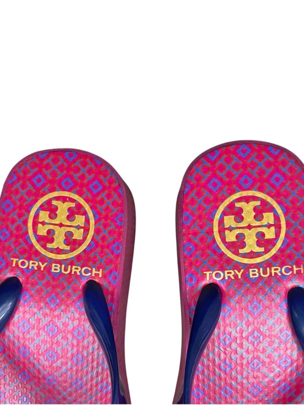 Tory Burch Thandie Wedge Flip Flop in Pink/Navy Blue Lattice Print, sz 6 - Picture 4 of 12